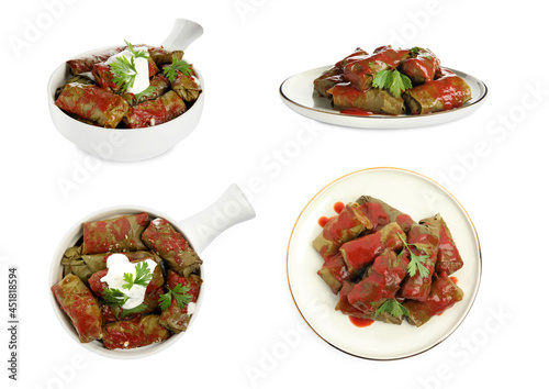 Delicious stuffed grape leaves with tomato sauce on white background, collage