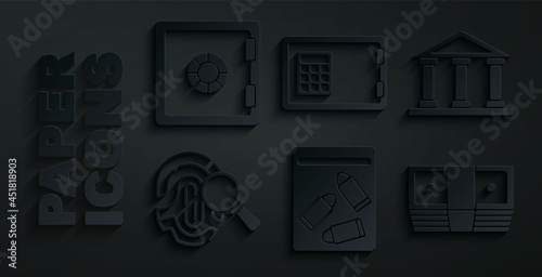 Set Evidence bag and bullet, Courthouse building, Fingerprint, Bribe money cash, Safe and icon. Vector