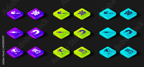 Set Prosthesis hand, Spectrometer, Syringe, Magnet, Cell and Genetically modified apple icon. Vector