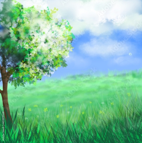 Illustration nature landscape background. Tree and bright sky and green meadow. Freehand drawing.