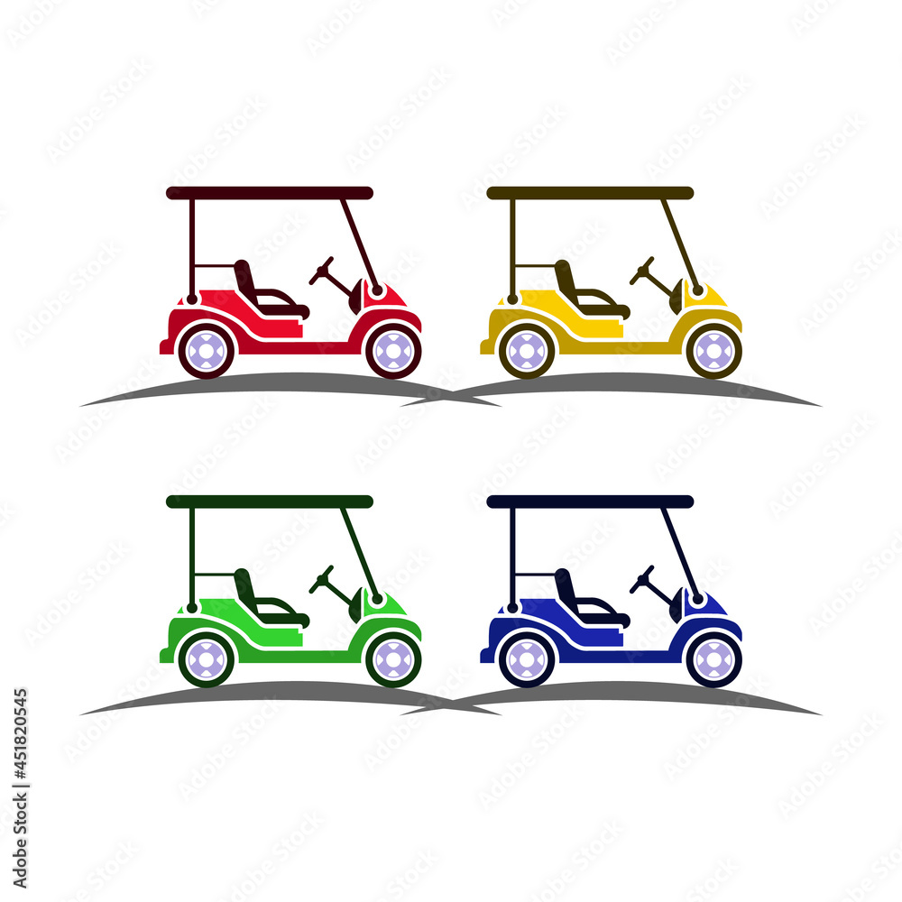 Golf cart icon vector in red, yellow, green and blue colors. Vector flat golf cart icon symbol sign.
