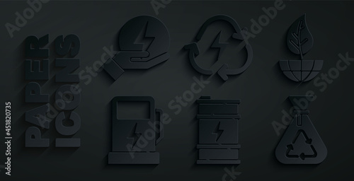 Set Bio fuel barrel, Earth globe and leaf, Electric car charging station, Garbage bag with recycle, Battery and Lightning bolt icon. Vector