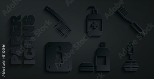 Set Bottle of shampoo, Toothbrush, Female toilet, Toilet, Hand sanitizer bottle and Hairbrush icon. Vector