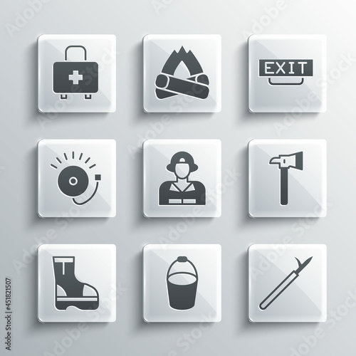 Set Fire bucket, Metal pike pole, Firefighter axe, boots, Ringing alarm bell, First aid kit and exit icon. Vector