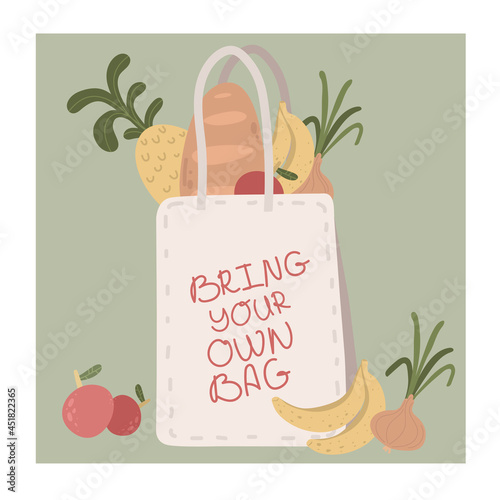 Textile shopping package full of Farmers food. Products in eco canvas bag with typography hand drawn illustration. Fresh fruits, vegetables buying. Ecology friendly shopping. 