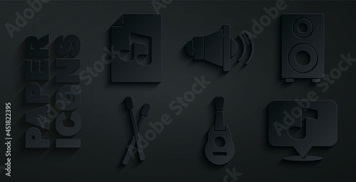 Set Guitar, Stereo speaker, Drum sticks, Musical note, Speaker volume and book with icon. Vector