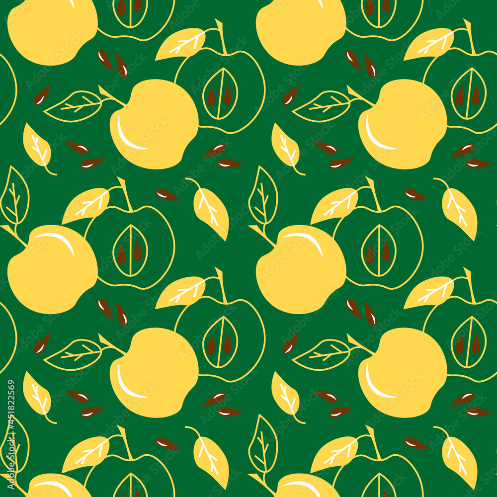 Obraz premium Pattern with yellow apples. Fruit illustration on a green background. Vector drawing. For use in prints, textiles, covers and packaging, flyers, menus, shops.