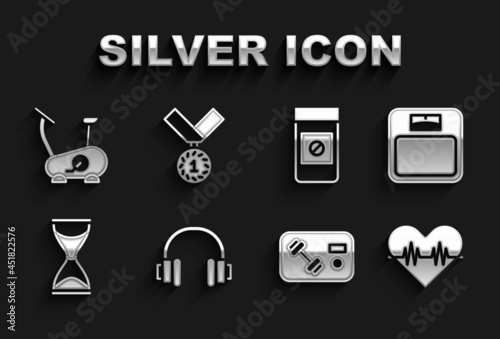 Set Headphones, Bathroom scales, Heart rate, Fitness club, gym card, Old hourglass, Anabolic drugs, Stationary bicycle and Medal icon. Vector