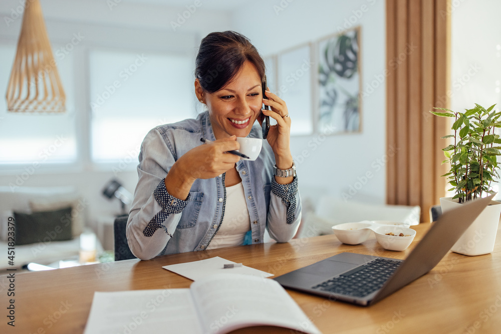 Portrait of a smiling businesswoman having a call in home office.