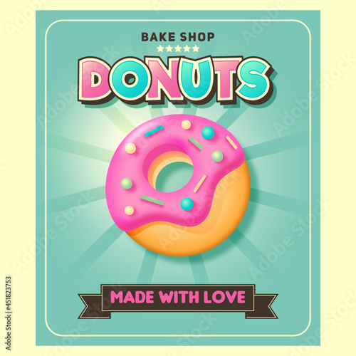 Candy shop card. Sweet donut confectionary symbol for restaurant menu vector flyer. Confectionery banner shop.