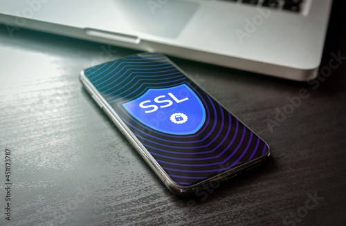 SSL certificate - Secure Sockets Layer icon concept on smartphone screen. SSL Security data technology for encrypted connection between client server. HTTPS cybersecurity internet computing protocol.