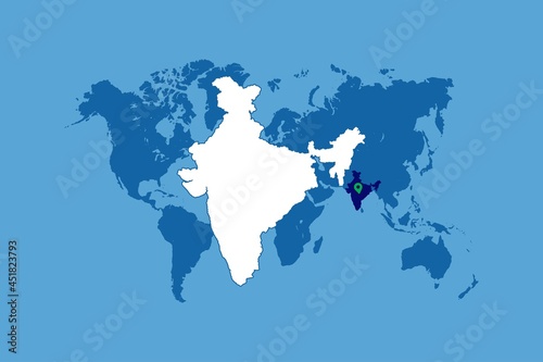 India Map in World Map. Vector illustration. White Indian map. 