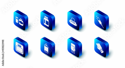Set Sports nutrition, bag, Doping syringe, Smart watch hand, Boxing glove, Punching, Bathroom scales and icon. Vector