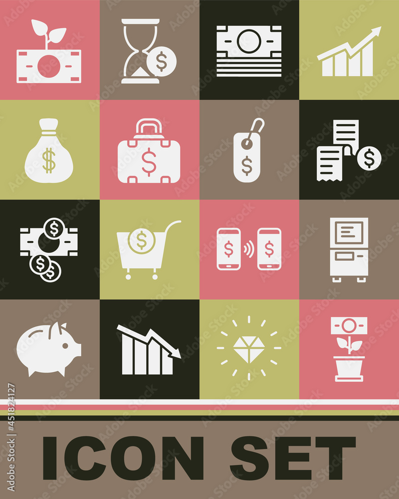 Set Money plant in the pot, ATM, Paper or financial check, Stacks paper money cash, Briefcase and, bag, and Price tag with dollar icon. Vector Set Money plant in the pot, ATM, Paper or financial check, Stacks paper money cash, Briefcase and, bag, and Price tag with dollar icon. Vector