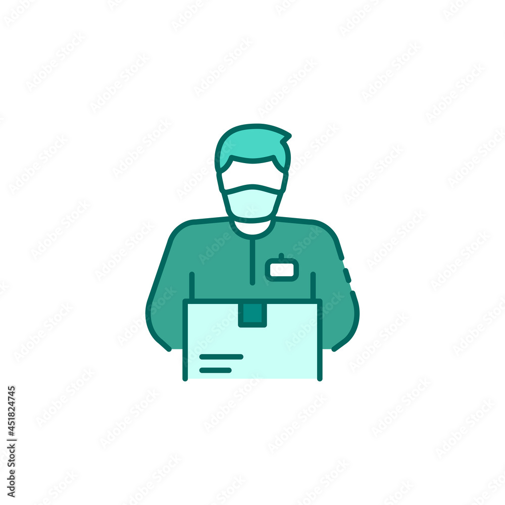 Courier man with box color line icon. Home delivery.
