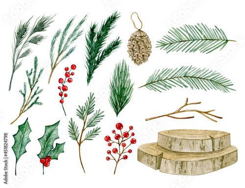 Watercolor illustration christmas set with fir  branches  berries  cone  wood  holly. Isolated on white background. Hand drawn clipart. Perfect for card  postcard  tags  invitation  printing  wrapping