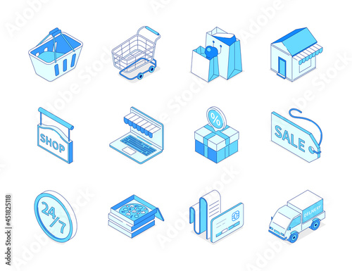 Online shopping and delivery - modern isometric icons set