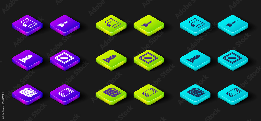 Set Rubik cube, Backgammon board, Chess, Board game, Dart arrow and Sport mechanical scoreboard icon. Vector Set Rubik cube, Backgammon board, Chess, Board game, Dart arrow and Sport mechanical scoreboard icon. Vector