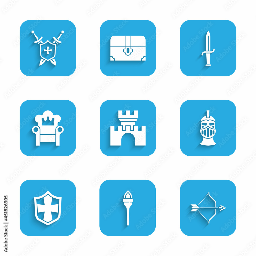 Set Castle, fortress, Torch flame, Medieval bow and arrow, iron helmet, Shield, throne, Dagger and shield with swords icon. Vector Set Castle, fortress, Torch flame, Medieval bow and arrow, iron helmet, Shield, throne, Dagger and shield with swords icon. Vector