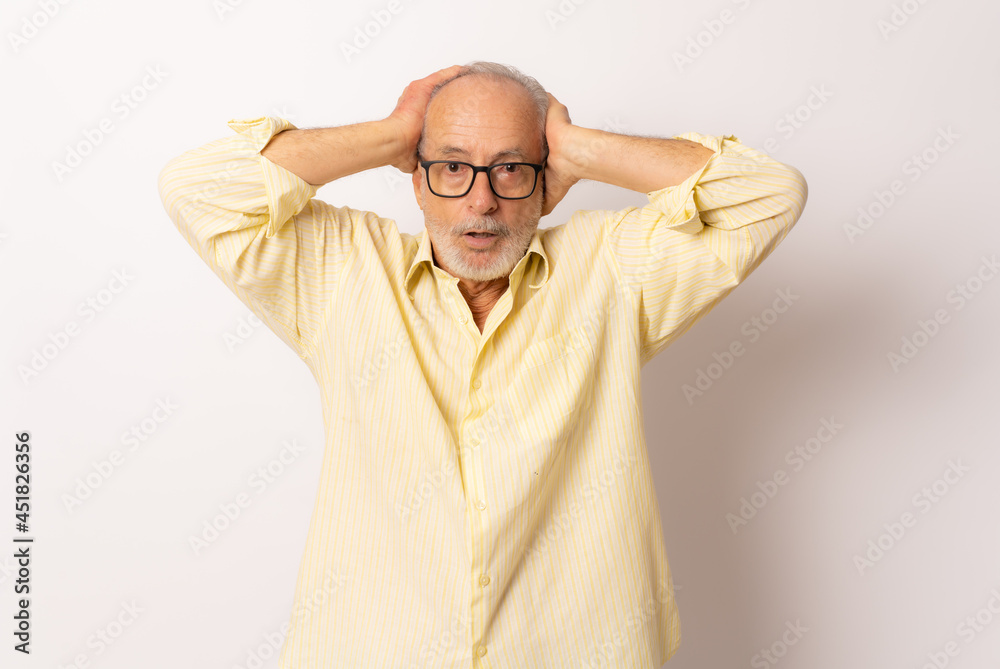 Photo of impressed old man scream isolated over white background