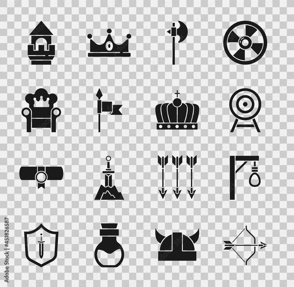 Naklejka premium Set Medieval bow and arrow, Gallows, Target with, axe, spear, throne, Castle tower and King crown icon. Vector