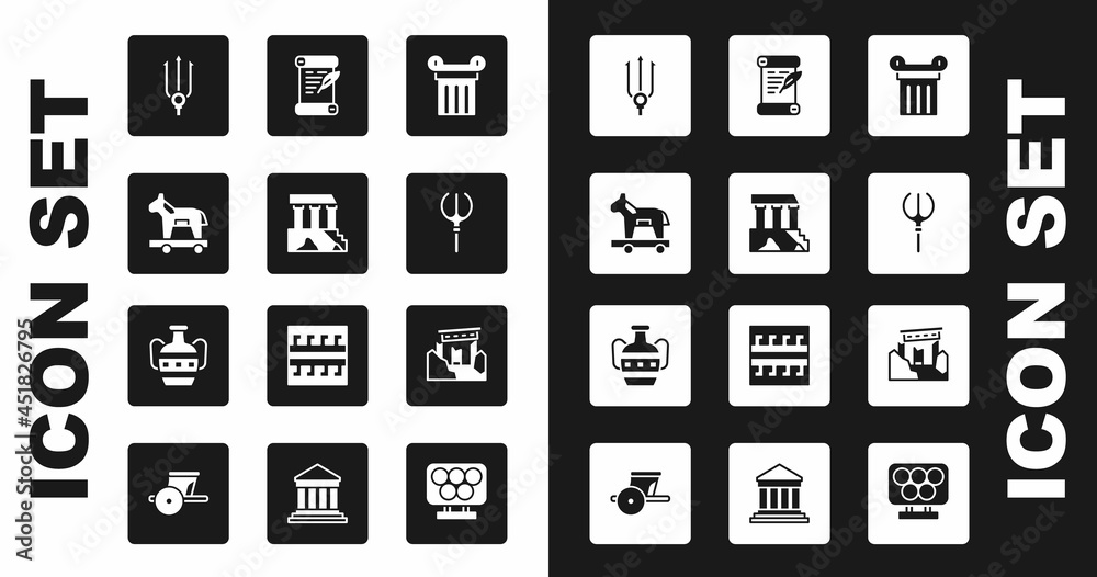 Set Ancient column, Parthenon, Trojan horse, Neptune Trident, Decree, parchment, scroll, ruins and amphorae icon. Vector Set Ancient column, Parthenon, Trojan horse, Neptune Trident, Decree, parchment, scroll, ruins and amphorae icon. Vector