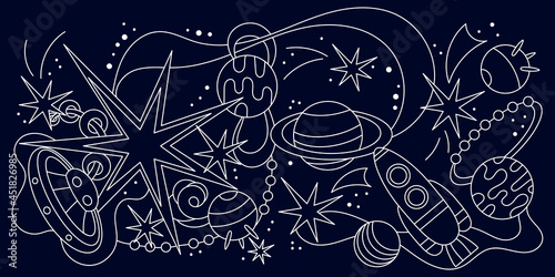 Cosmic border. Stars planets galaxies, alien spaceships . Vector illustration