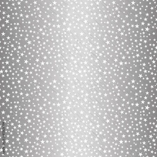 White falling stars on silver sparkle scratched background - Star confetti. Vector template for New year, Christmas, birthday party, wedding card, invitations, flyer, voucher, web and wrapping paper.