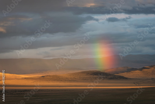 rainbow steppe mountains rain clouds sky summer