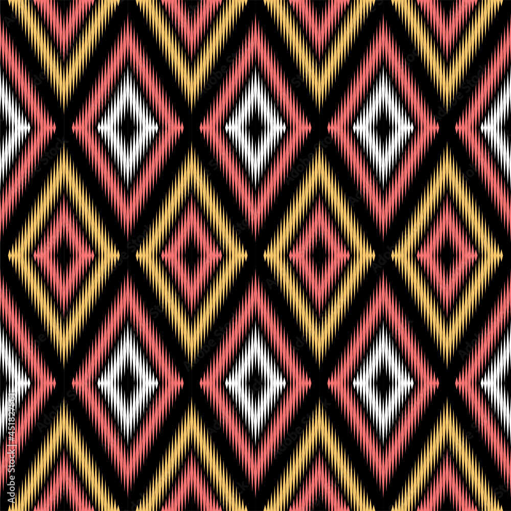 Traditional textile pattern, ethnic pattern on black background, ikat pattern Traditional textile pattern, ethnic pattern on black background, ikat pattern