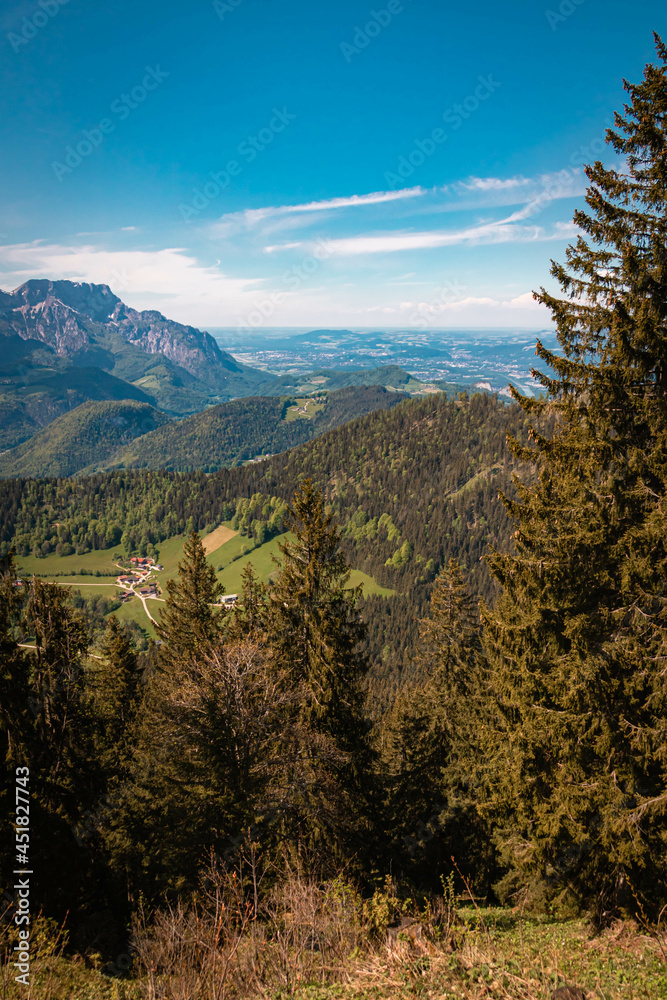 Fototapeta premium Beautiful alpine summer view with the famous Untersberg summit in the background at the famous Rossfeld panorama road near Berchtesgaden, Bavaria, Germany
