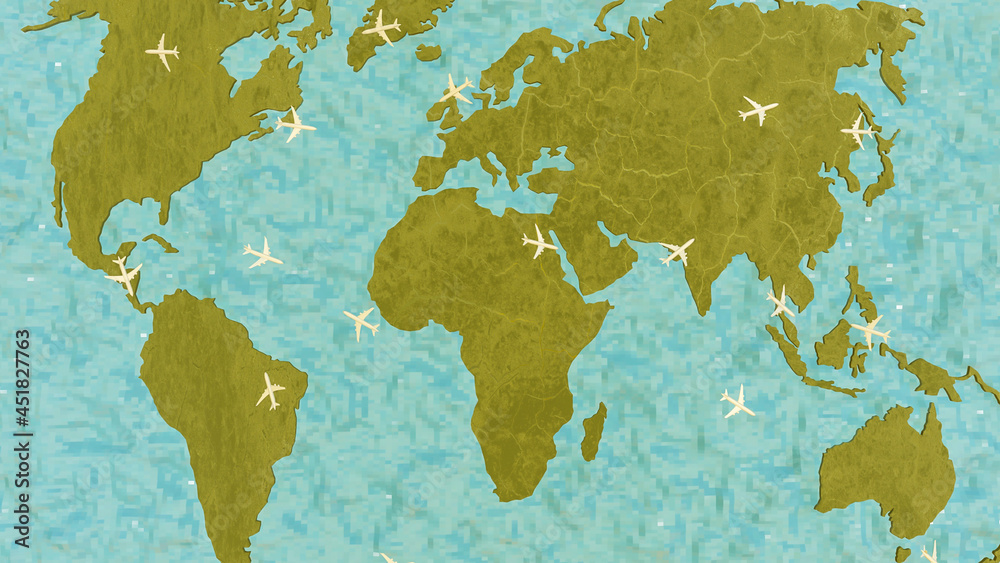 three-dimensional white models of passenger planes over the world map. 3d render illustration