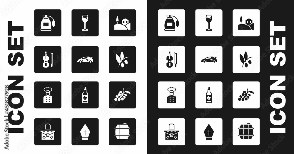 Set Village landscape, Sport racing car, Violin, Perfume, Olives branch, Wine glass, Grape fruit and Italian cook icon. Vector Set Village landscape, Sport racing car, Violin, Perfume, Olives branch, Wine glass, Grape fruit and Italian cook icon. Vector