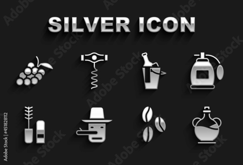 Set Pinocchio, Perfume, Bottle of olive oil, Coffee beans, Mascara brush, wine bucket, Grape fruit and Wine corkscrew icon. Vector