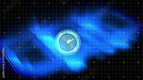 Animation of clock with moving hands over grid and glowing blue lines on black background photo