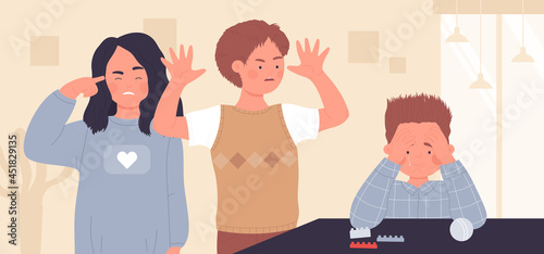 School children with bullying, mockery shaming problem vector illustration. Cartoon afraid victim teen character sitting at table, angry haters boy and girl bully crying child in classroom background