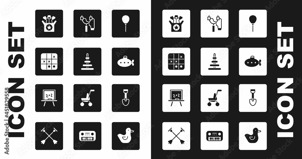 Set Balloons with ribbon, Pyramid toy, Tic tac toe game, Jack in the box, Submarine, Slingshot, Shovel and Chalkboard icon. Vector Set Balloons with ribbon, Pyramid toy, Tic tac toe game, Jack in the box, Submarine, Slingshot, Shovel and Chalkboard icon. Vector