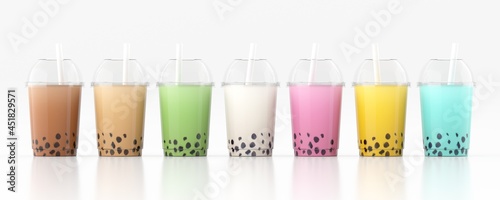 Various Bubbletea of different flavors prepared to consume. 