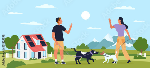 Dog pet owners couple people walk and play with dogs in summer nature park landscape vector illustration. Cartoon woman man characters playing with doggy outdoors, walking puppy animal background