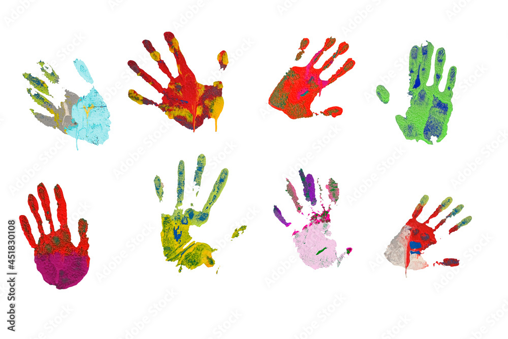 human hand prints with paint strokes,isolated on white background human hand prints with paint strokes,isolated on white background