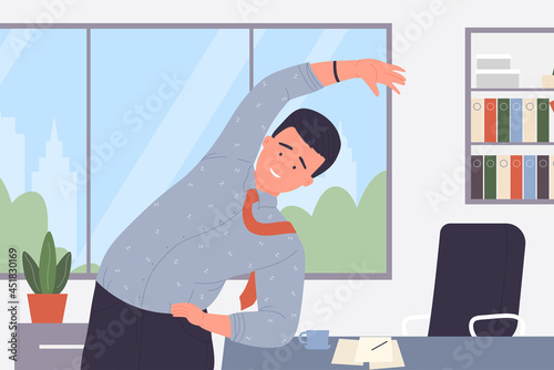 People stretch in sports extension exercises in office room interior, healthy activity vector illustration. Cartoon young businessman character in tie training, stretching during break background