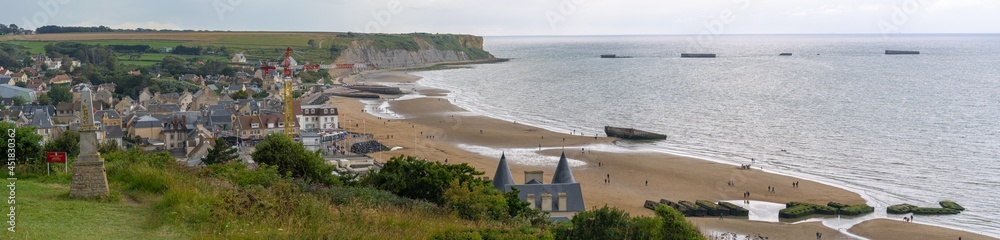 Arromanches-les-Bains, France - 08 03 2021: View of the Landing Beach and the city from the cliffs 