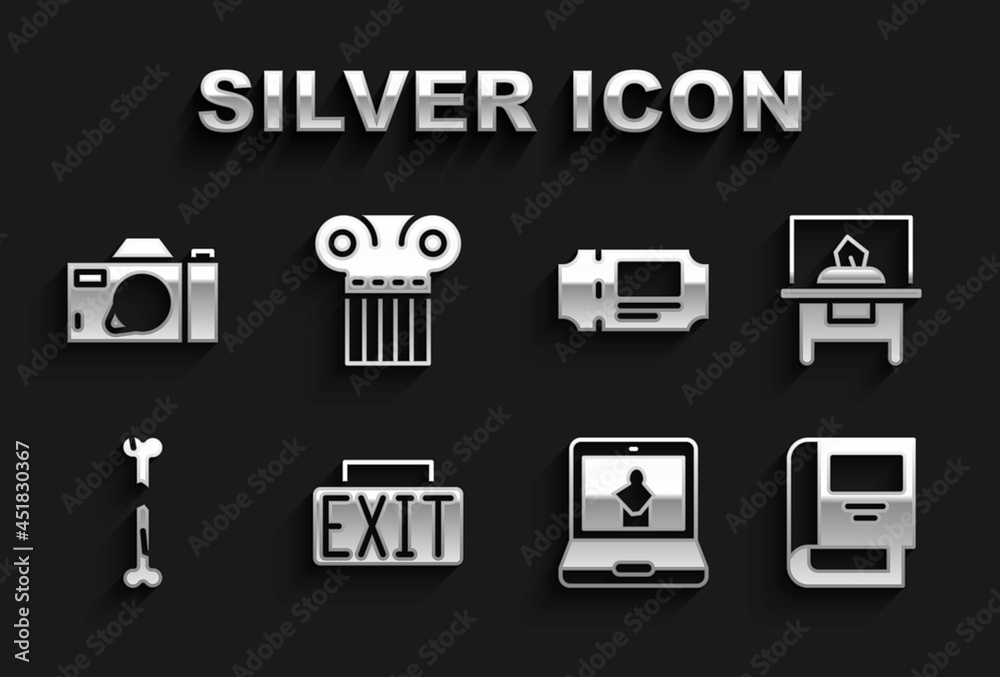 Set Exit sign, Glass showcase for exhibit, History book, Online museum, Human broken bone, Museum ticket, Photo camera and Ancient column icon. Vector