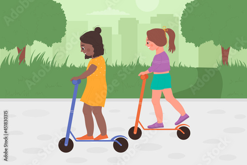 Kids girls friends play kick scooter together vector illustration. Cartoon happy little child characters riding scooter personal eco transport on road of city park, enjoying game outside background