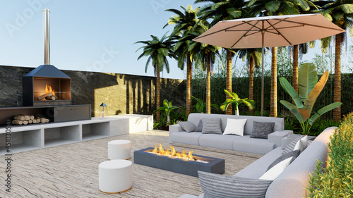 3D illustration detail of sofa set on outdoor wooden patio