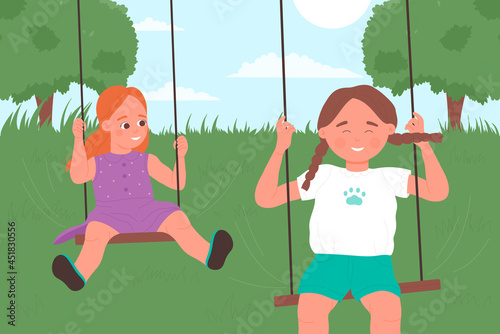 Kid girls ride swing in playground or summer nature garden, children play fun game together vector illustration. Cartoon happy childhood, cute little child character playing outdoor background