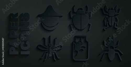 Set Spider in jar, Beetle deer, Mosquito, Ant, Mite and Beekeeper hat icon. Vector
