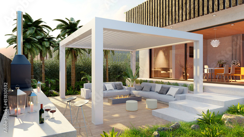 Foto 3D render of luxury outdoor private terrace with motorized pergola and sofa set