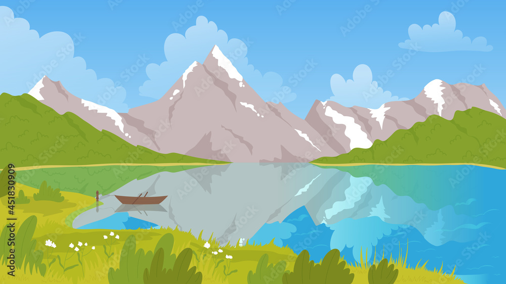 Naklejka premium Mountain lake and boat in scenic nature summer landscape vector illustration. Cartoon fishing vessel boat in calm water of pond, lake or river, reflection of countryside peaceful scenery background