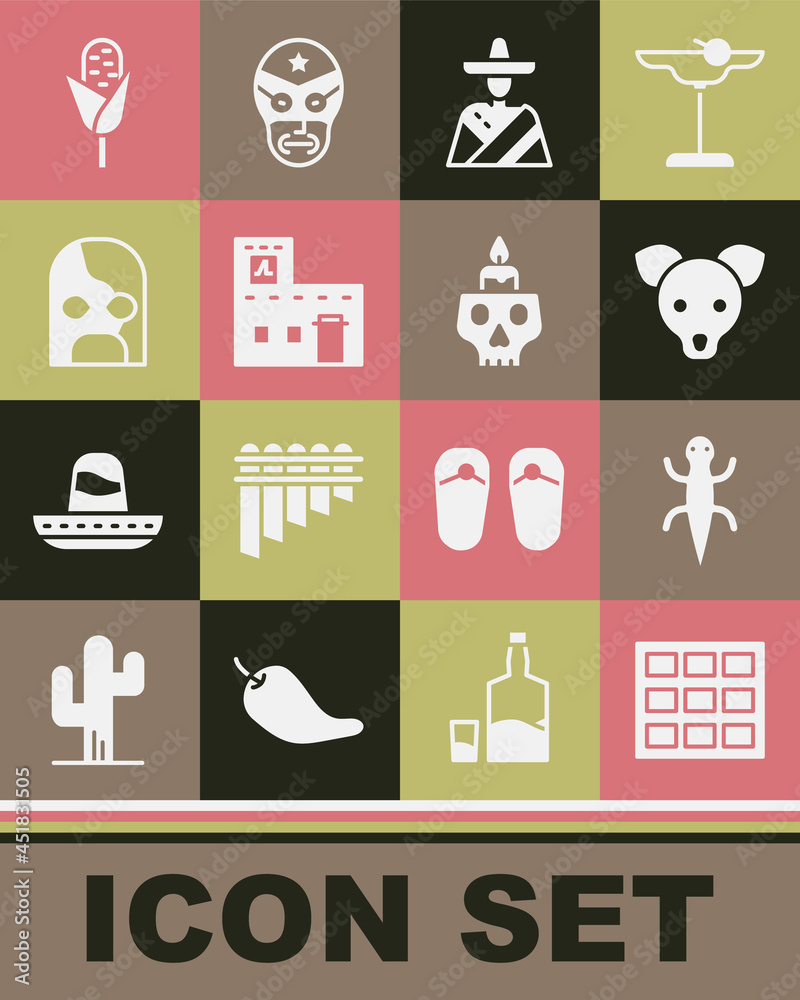 Set Chocolate bar, Lizard, Dog, Mexican man sombrero, house, wrestler, Corn and Burning candle on skull icon. Vector Set Chocolate bar, Lizard, Dog, Mexican man sombrero, house, wrestler, Corn and Burning candle on skull icon. Vector